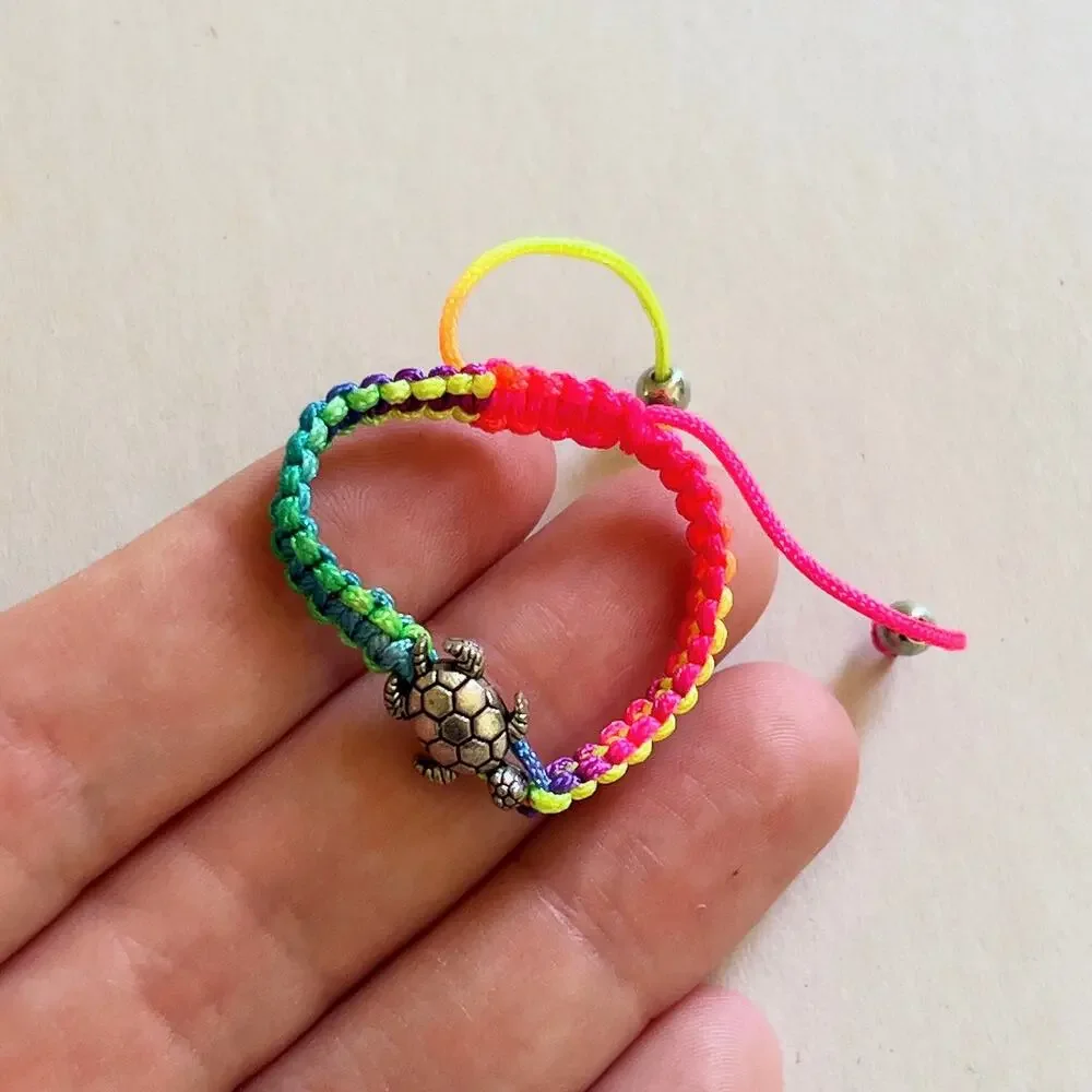 Turtle Neon Rainbow Adjustable Bracelet Silver Tone Charm Children's Handmade